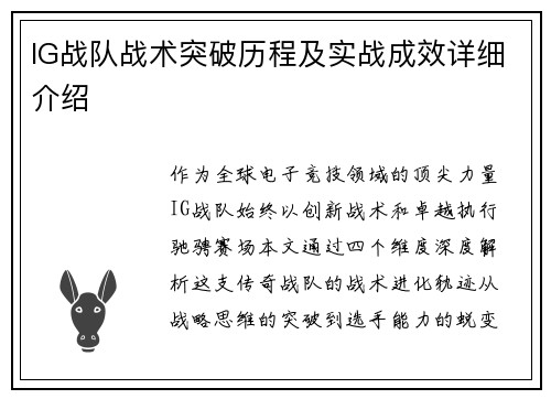 IG战队战术突破历程及实战成效详细介绍